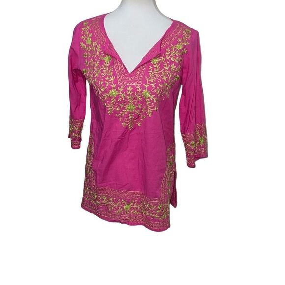 Gretchen Scott Designs Pink Green Embroidered Coastal Tunic Top V-Neck sz XS - Picture 1 of 9